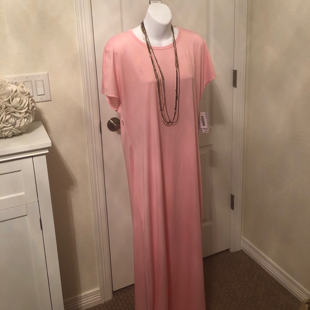 LulaRoe Maria pink and white polka dot maxi dress